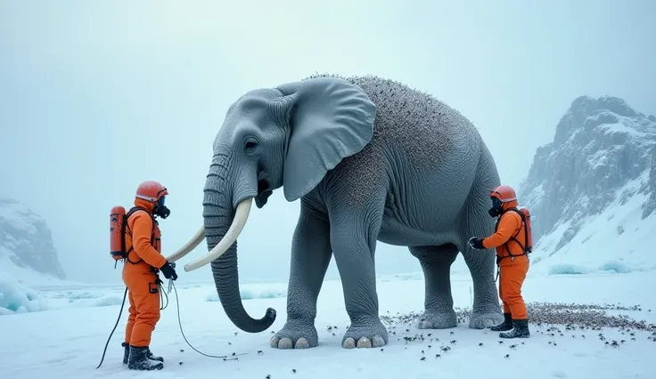 
“A breathtaking Arctic landscape covered in snow and ice. A majestic elephant, partially covered in frost, stands in the center, its massive body swarmed by thousands of small, dark insects clinging to its skin. The elephant appears calm yet burdened by t...