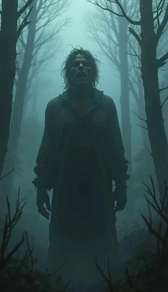 Create me a scary man standing in a dark foggy forest which is foggy. The man should look a bit dirty and not very well-groomed. However, make his face clear that you can clearly see his mouth