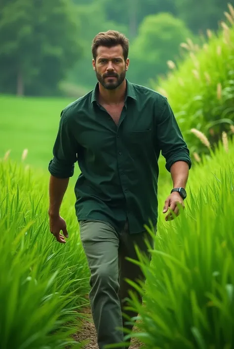 A male walks side by side with a dashing aggressive green grass background