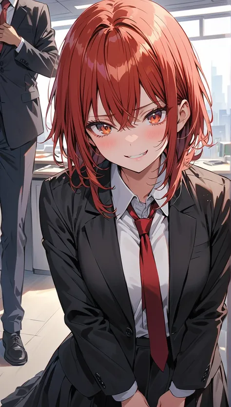 Woman looking down at man with disdainful face, woman with man, redhead anime girl standing on ground in business suit. Single girl, 24 years old, red hair, alone, long hair, skirt, evil smile, shirt, white shirt, looking at viewer, black business suit, bl...