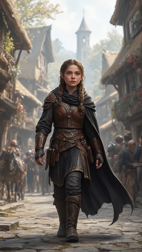 A female young adult small halfling with blue eyes and brown hair in a braid with a leather armour and a black cape.
She’s walking on the street of a medieval village looking around her