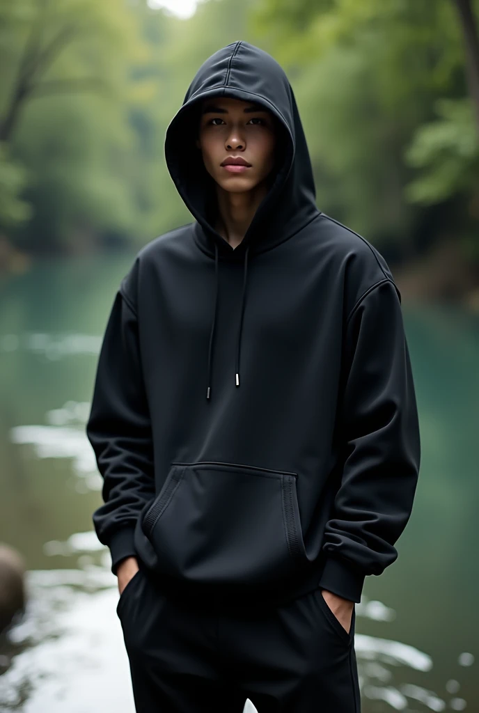 Cool black hoodie on the river