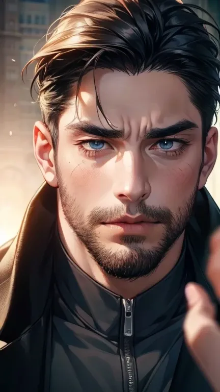 (    best quality,4K,8k,    highres,    masterpiece :1.2),    ultra-detailed    ,(realistic,photorealistic,photo-realistic:1.37),36-year-old man,3 day beard,Beautiful anime,Portraits,strong,Masculine,     with black hair  ,sharp jaw,       mesmerizing eyes...