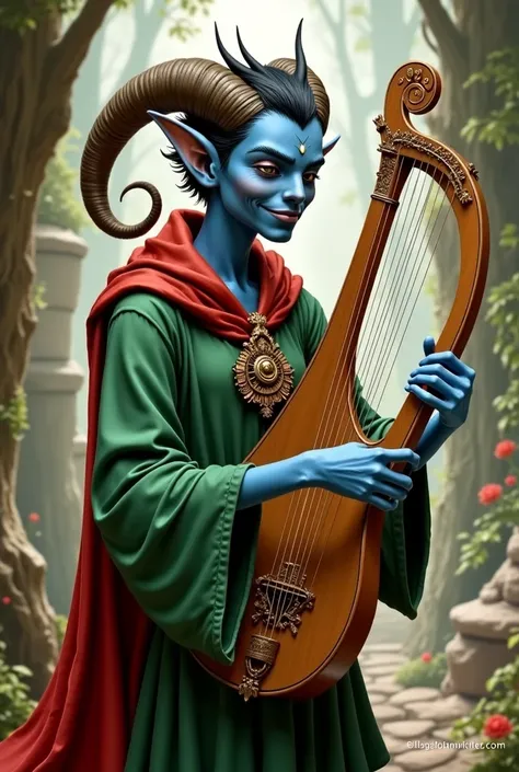 tiefling bardo, playing a lyre, green clothes with red, ash blue skin, horns and not so long ears, happy