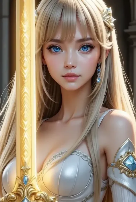 A female paladin holding a holy sword、Whole body expression、Female Paladin Holding a Holy Sword、The holy sword is shining、The Holy Sword Shines、 Blonde Long Hair 、 with long silver hair 、With bangs、One woman、、 blue eyes、Wearing white armor、