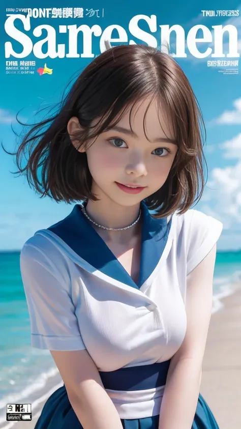 Emma Myers, whole body,  best quality, 1 girl in the best, Alone,  light brown hair,  choker, (simple ocean ), ( magazine cover ),  Watch viewers, Intense Perspectives , Playing with the camera, Open your mouth a little and smile,  watch 、 standing、walk、（ ...