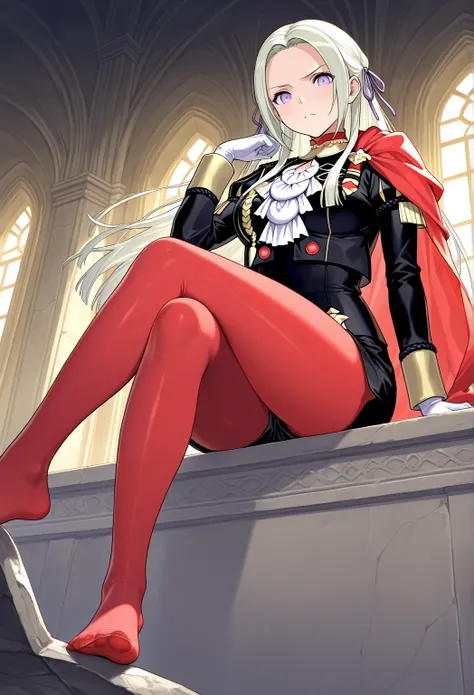 high resolution picture, masterpiece, best quality, amazing quality, official art, solo, 1girl,  Edelgard von Hresvelg from Fire Emblem, defEdel, hair ribbon, long hair, side cape, black jacket, white ascot, black shorts, red pantyhose, white gloves, mediu...