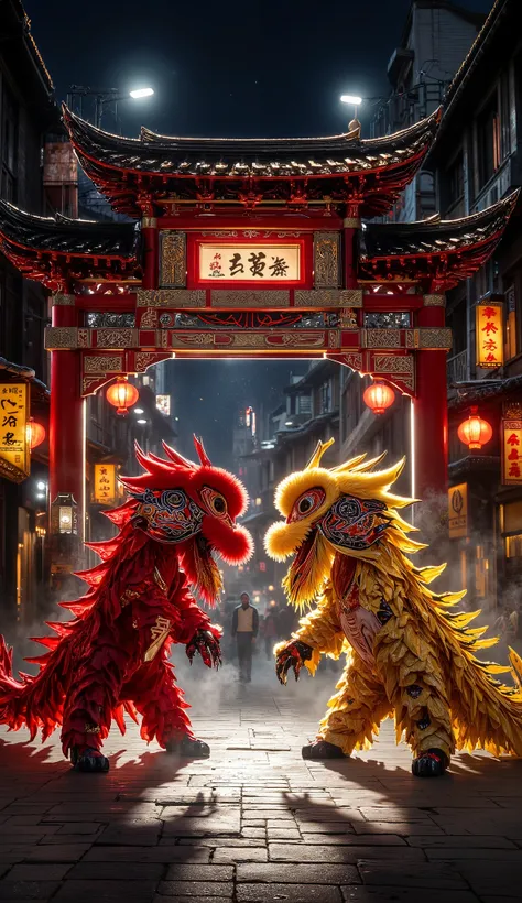 A dynamic nighttime scene in Chinatown featuring a traditional Chinese lion dance and dragon dance performance. Two teams are competing - one with a vibrant red lion and another with a majestic golden dragon. The scene takes place beneath a large ornate Ch...