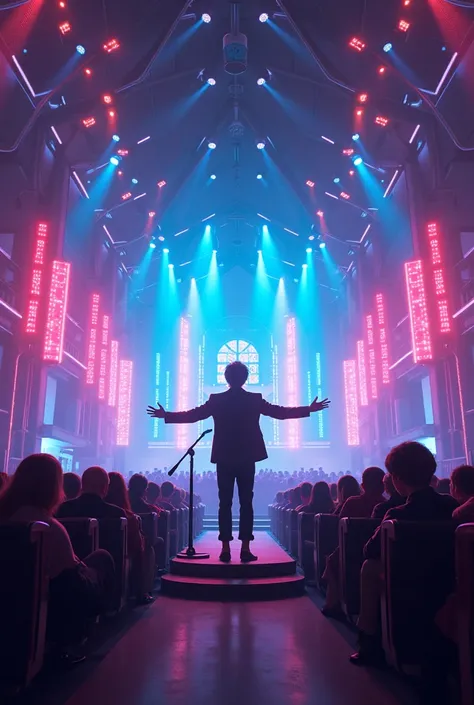 Auditorium filled with modern church with LED in the background and a stylish person talking anime