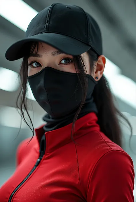 APEX Race wears a black cap and red clothes, wears a black cloth mask, her beautiful abs are visible, her eyes are white, and she is an image of fashionable Korean fashion