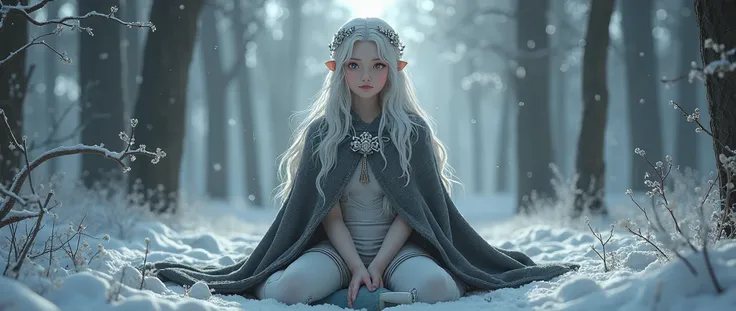  a Norwegian charcoal gray wool gown and 、Anime Images、 full body image 、 Compa、  full body view、 elegant pale Elegant loose waves with 、Beautiful  girl, Family Runes, like,  embroidered with healing and protection ,  with knee-high stockings , White deers...