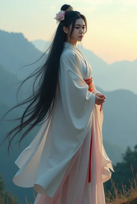 Standing in the mountains of Japan、Goddess、Black Hair、Shrine maiden costume、A kind smile,Beautiful eyes、barefoot、Cool smile、Upper body portrait,Morning sky,Boyish,tall,early morning,Upper body close-up