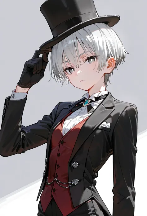 Skinny girl , small tits,Tomboy,gray eyes with white pupils , silver hair short hair ,Black tuxedo ,red vest under a black tailcoat,black ribbon tie , black top hat , high resolution, best quality,masterpiece