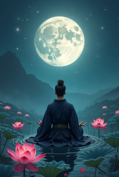 Lotus flowers and the moon, Samurai meditating