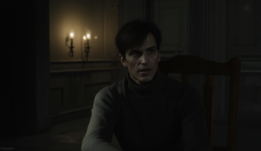 a 30-year-old man, Light-skinned,  brown hair , and brown eyes ,  is seated on a simple wooden chair in a dark room . He stares intently into the void ,  with an expression of despair and confusion .  The soft light of the lamp in the background creates sh...