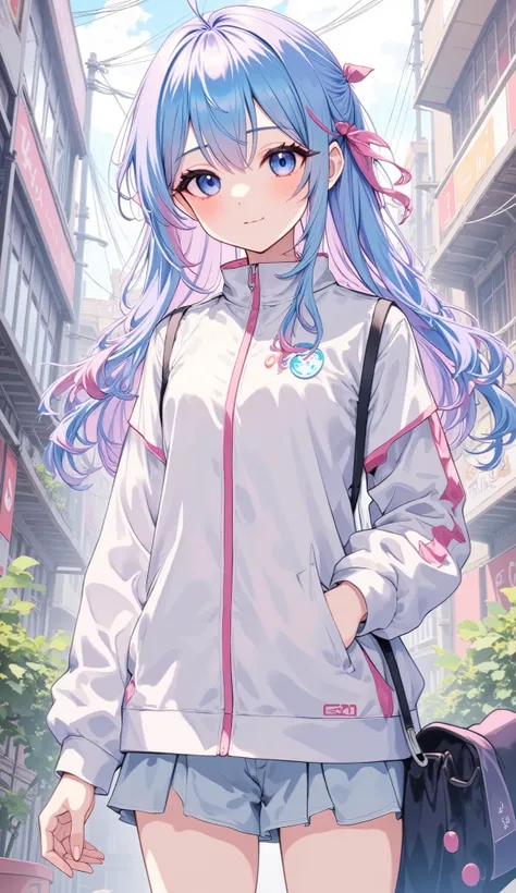 ( masterpiece, more details , envelope, clear focus , shadow, anime-style , super high resolution , 8k, perfect anatomy, perfect face, ( detailed face ), ( detailed eyes ), anime girl , blue eyes . The background is an urban landscape . a...