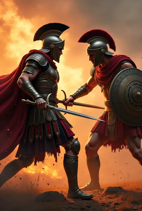 A handsome Arab knight in ornate armor and helmet duels a Spartan warrior in a fiery, dramatic scene. The knight wields a curved sword, while the Spartan defends with a shield and spear. Both warriors are caught in mid-action, embodying strength and honor ...