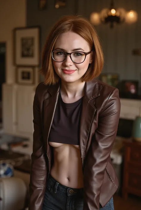 Karen Gillan, smiling, medium view, face portrait, short hair, fake tan, wearing tight brown leather jacket with a cropped shirt underneath that shows her underboob, SFW, glasses, nerd, cozy home. realistic style, photo, photorealistic, high detail, sharp,...