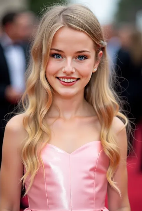 Beautiful girl, blonde hair, long hair, blue eyes, cute dress, elegant, 16-year-old, Side-parted and lightly tousled blonde tresses has become a style that is often associated with the model and actress, she wearing a shiny pink dress, ceremony, stunning g...