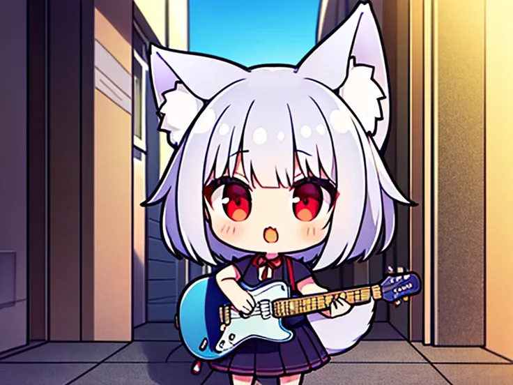  wolf girl。 Silver Hair。 red eyes。 bob cut。Playing guitar。Standing on a street corner 