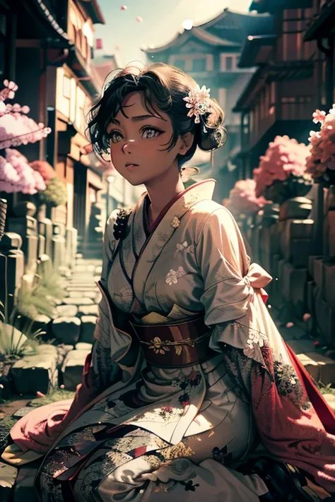 ((masterpiece, best quality)),woman, kimono, kimono,Long-sleeved kimono,A row of cherry blossom trees paved with cobblestones,Falling cherry blossom petals, Sakurabuki