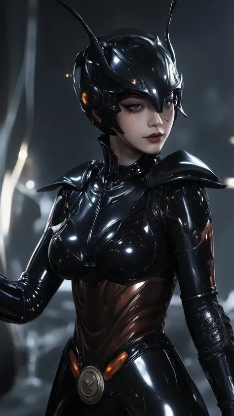 A cinematic portrait of a Japanese actress as a biomechanical queen ant-roach hybrid tokusatsu villain. Sleek black exoskeleton bodysuit with dark brown metallic undertones, featuring segmented armor plates that emphasize feminine silhouette. Helmet design...