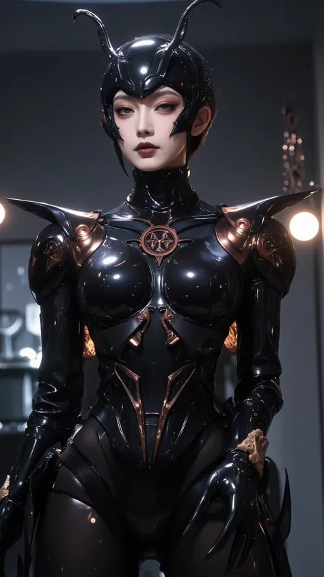 A cinematic portrait of a Japanese actress as a biomechanical queen ant-roach hybrid tokusatsu villain. Sleek black exoskeleton bodysuit with dark brown metallic undertones, featuring segmented armor plates that emphasize feminine silhouette. Helmet design...