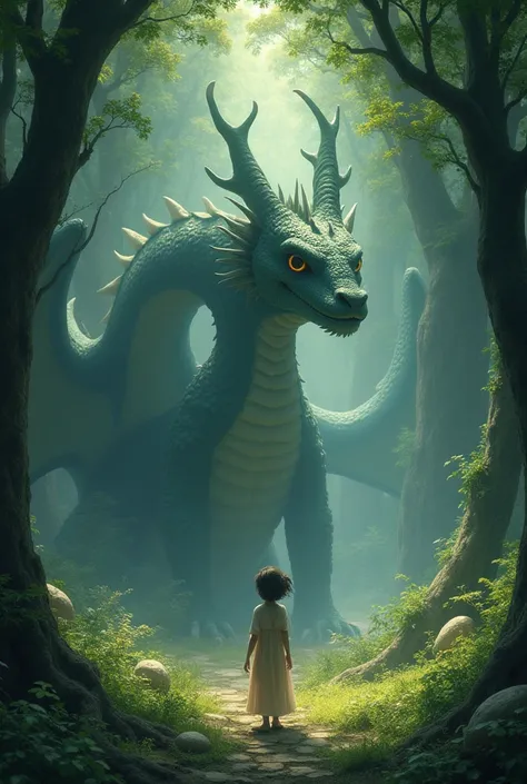  come out generate a realistic style image for me,  where the dragon from the Chihiro movie appears, surrounded by fantastic animals, like fairies, elves,  snake ,  style image for me and make the stage a fantasy forest