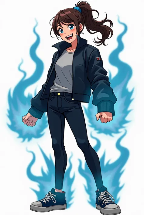    Beautiful tall young adult with hair tied in a brown ponytail ,navy blue eyes,     black leather jacket    ,plain gray blouse    ,   black pants dins    ,    navy blue sneakers    ,  creepy happy and insane smile closed from a large monstrous mouth with...