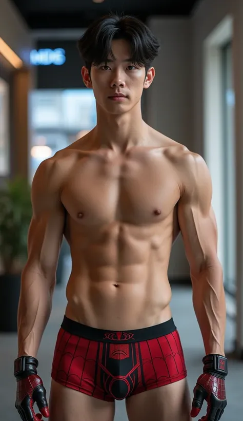 Handsome and sexy Korean ageer, , young, boy, shirtless, Spidermam underwear open on one side and showing his sixpack abs, muscular, sixpack, young, front view, Korean idol, biceps and triceps, Spiderman gloves, photo realistic, realistic, 8k, UHD, sexy, h...