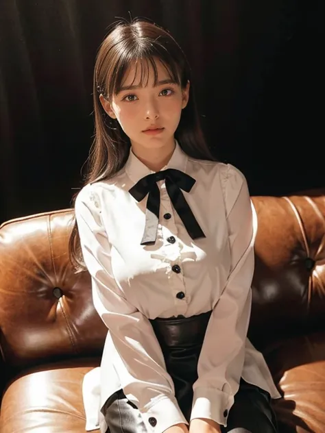 Very large breasts, black background, dark room, most of the figure from the chest down and no face, white blouse with a black ribbon on the chest, buttons in the front, blouse with ruffles around the neck, blouse A Japanese woman sits on a sofa wearing a ...