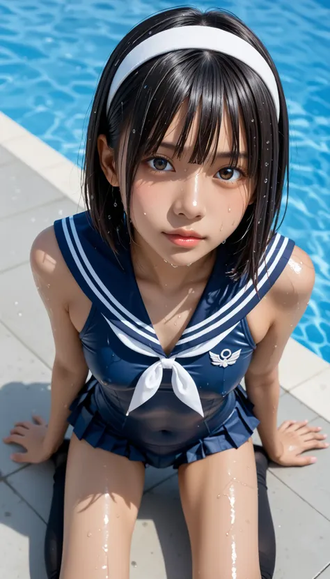 wet、masterpiece 、 top quality 、 Super high resolution、 realistic、 beautiful lighting arranged in an orderly manner、 RAW photos 、4K Ultra HD、 super detailed face、Clear Face、Detailed eye、 beautiful eyes、1080P、 tan dark skin 、 black hair, wet hair、 sho...