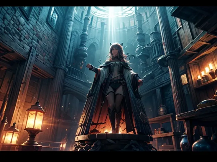  A woman controls a medieval wooden submarine and looks out the window,  masterpiece, concept art, medium shot, panoramic, wooden submarine interior,  control instructions on the walls,  mythical ,  fantasy theme , 1girl as an alchemist, Storekeeper,  sexy...