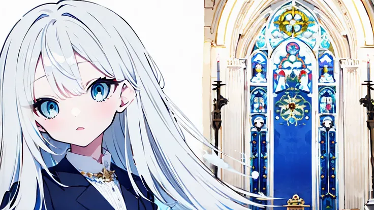  super precision 　 best quality　One person　white hair and blue eyes like jewels　 cute　Glass　Cracked　Background、Fantastic church　 short