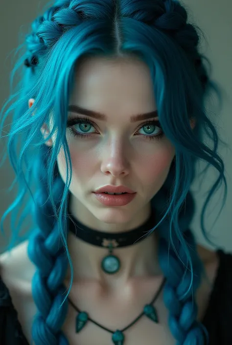 a sexy woman with long blue hair braided into two braids with emo makeup and dark green eyes