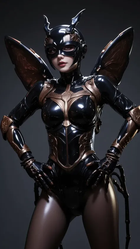 A cinematic portrait of a Japanese actress as a biomechanical queen ant-roach hybrid tokusatsu villain. Sleek black exoskeleton bodysuit with dark brown metallic undertones, featuring segmented armor plates that emphasize feminine silhouette. Helmet design...