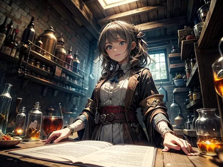  A woman in an alchemy lab with lots of flasks,  vessels and various herbs,  masterpiece, concept art, medium shot, panoramic, alchemy laboratory interior,   on the walls, ancient manuscripts, instructions and various weapons,  mythical ,  fantasy theme , ...