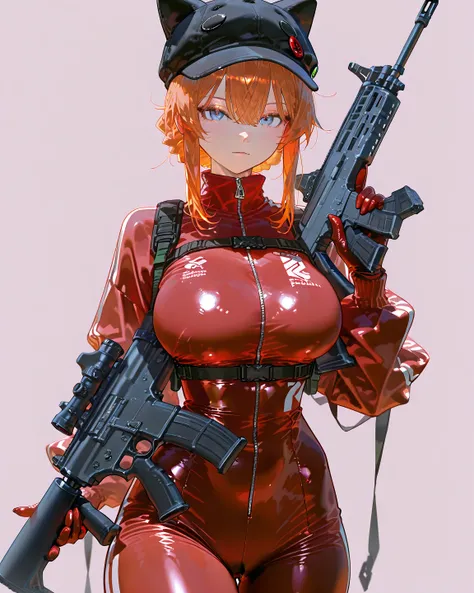        8k wallpaper、masterpiece、最 high quality    、 high quality      、 high detail、、          absurd,  Latest,               female 1 person、 orange hair、 blue eyes、 red plug suit、 red jersey on the front、( red jersey on the frontの中にプラグスーツ)blackキャップ(Cat h...