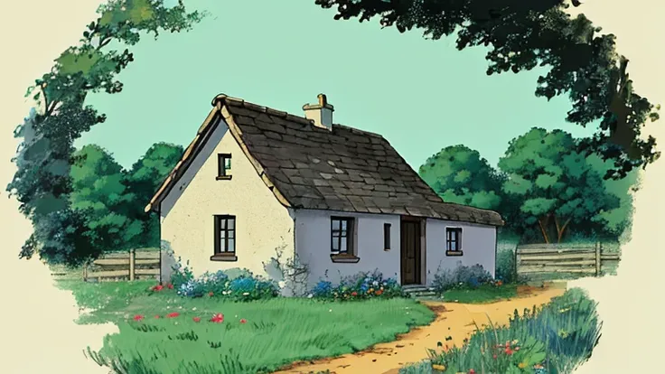 Generate an more old and very modest, run-down cottage in rural, 1900s-era Ireland in the Irish countryside, cartoon style, illustration, muted color,

2d illustration, 8k, cartoon style,flat style, painted by Bill Amend, Tom Tomorrow, Raina Telgemeier