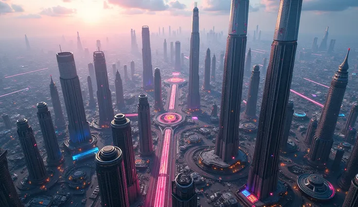 Aerial shot camera of futuristic city