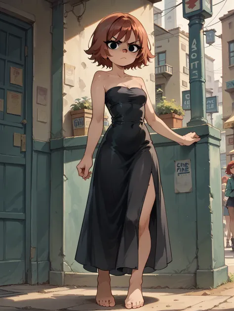 kim_pine, KimPine, short hair, bangs, brown hair, red hair, black eyes, v-shaped eyebrows, freckles, no pupils, strapless dress, revealing dress, full body,