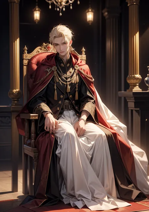  best quality。 detailed description。Ancient castle throne。 Handsome and Cool Adult Man 、((One adult man ))。The King Who Reached the Throne。 casual hairstyle、((male medium hair))、(( white blonde))。 cool and impressive appearance 。 gray eyes。Sharp impression...