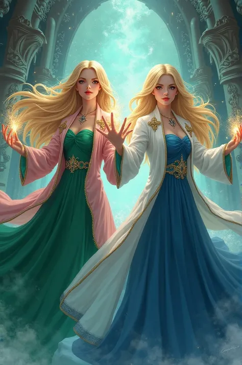 Two blonde hair sisters they are both sorcerers one of them is wearing a green dress and a pink coat and the other one is wearing a blue dress and a white coat 