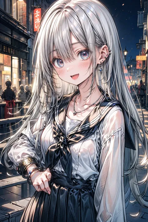 ((flat anime, 2D, 1girl:1.2)), ((15-years old:1.1, lolli:1.3)), (silver long hair:1.5), reflective hair, ((focus on hips:1.3)), (natural skin:1.3), (natural looking makeup:1.5), (slender:1.4), ((small breast:1.5)), BREAK, ((school uniform)), (necklace, ear...