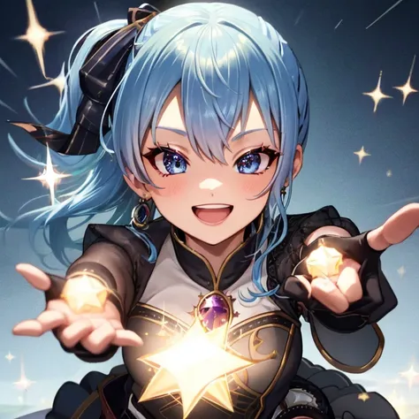 She should be in a dynamic pose, wearing her signature armor and outfit, with a warm, inviting smile. The background should be vibrant and fantasy-themed, reflecting her noble character. Include elements like magical sparkles or light effects to enhance th...