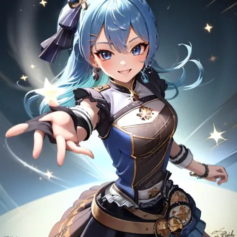 She should be in a dynamic pose, wearing her signature armor and outfit, with a warm, inviting smile. The background should be vibrant and fantasy-themed, reflecting her noble character. Include elements like magical sparkles or light effects to enhance th...