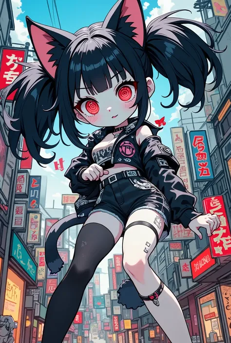 (masterpiece, best quality:1.2),solo,a cute evil punk cat girl,/(big eyes,red eyes,circle pattern of her eyes,details of eyes,fluffy black cat-ear,black hair,twin tails hair,pale blue skin,simple cyber punk clothes,casual style),cheerful girl,happy and fun...