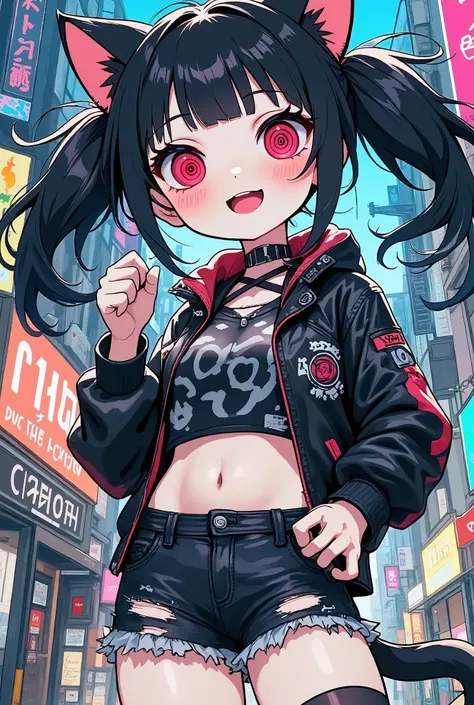 (masterpiece, best quality:1.2),solo,a cute evil punk cat girl,/(big eyes,red eyes,circle pattern of her eyes,details of eyes,fluffy black cat-ear,black hair,twin tails hair,pale blue skin,simple cyber punk clothes,casual style),cheerful girl,happy and fun...