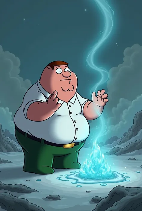 Generate Peter griffin performing a ritual , with ice far away at a table nearly melted 