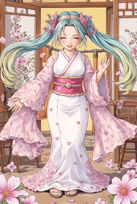 (Masterpiece、 best quality、 best quality、 Official Art、  beautiful and beautiful  :1.2)、( one girl:1.3) Hatsune Miku、 Twin Tails, beautiful breasts,photoRealstic、 Nedroid in a wedding dress in a kimono standing in front of a painting、 Open Your Mouth and S...